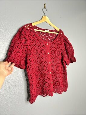 Ultra Pink Burgundy Crochet Button-Front Puff-Sleeve Top Feminine Cottage xl